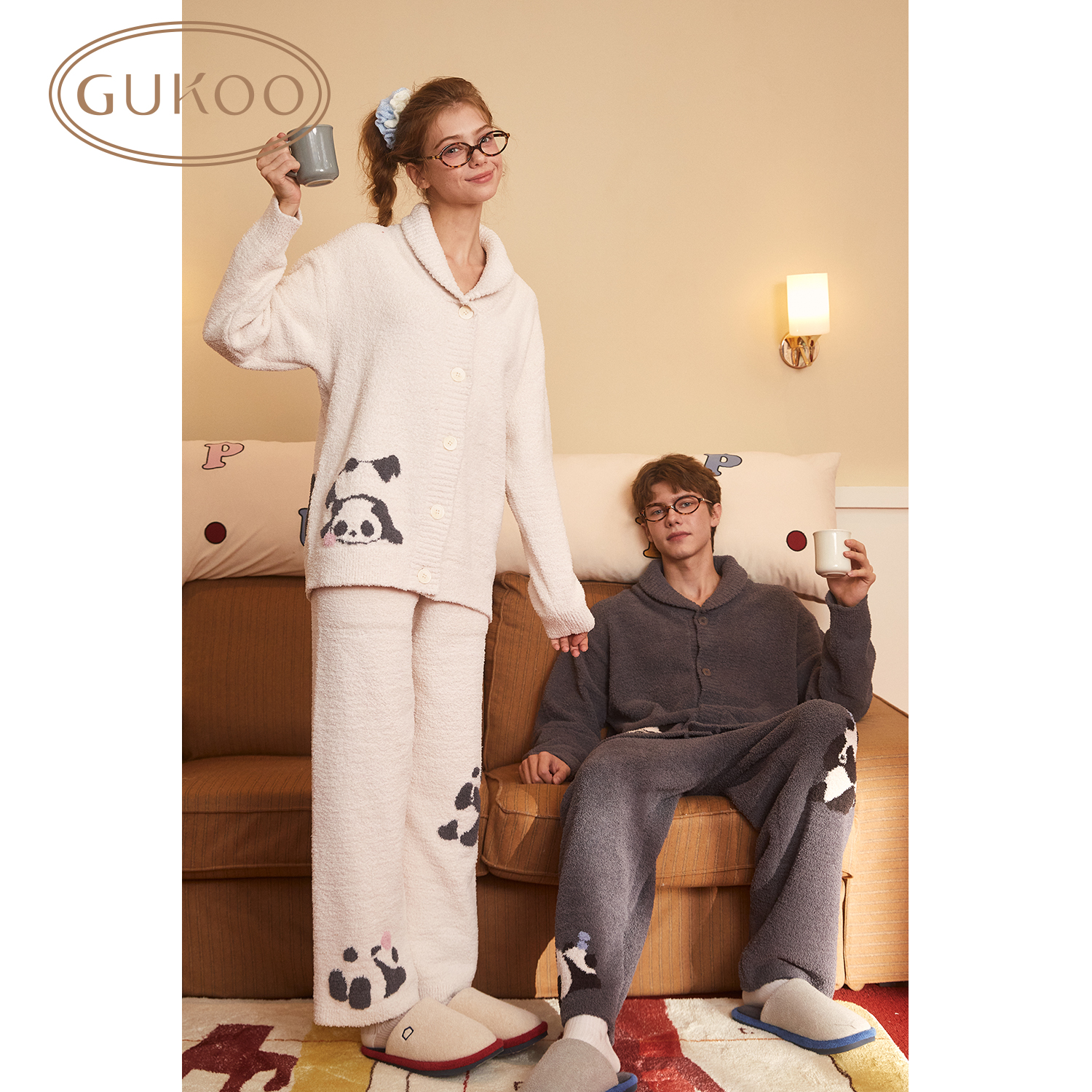 Gukoo/果壳睡衣女秋冬软绵绵雪尼尔舒适保暖情侣家居套装S724426203504