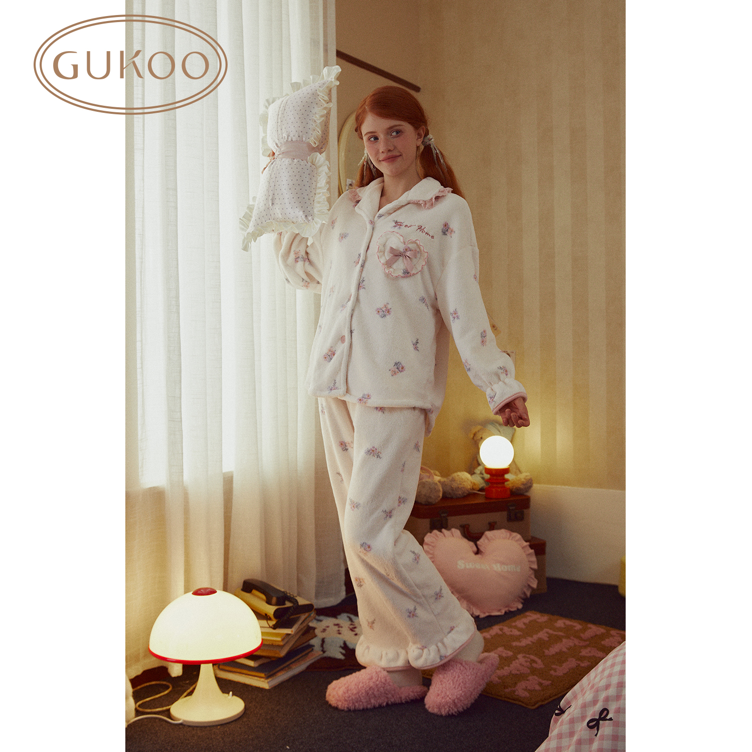 Gukoo/果壳睡衣女秋冬珊瑚绒碎花满印开衫保暖女家居套装S724426203507