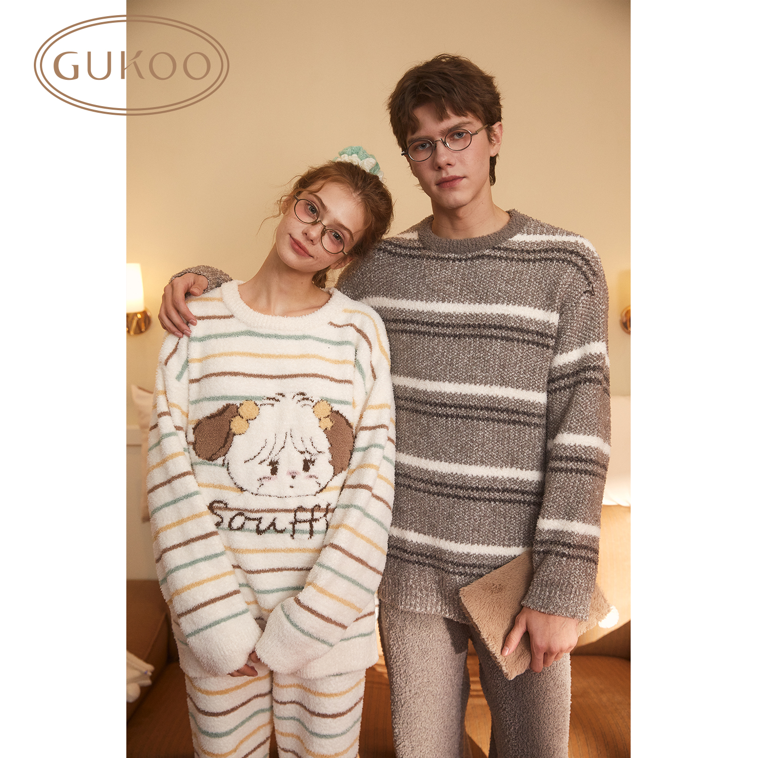 Gukoo/果壳睡衣男秋冬舒适保暖雪尼尔男家居套装可外穿S724416211601