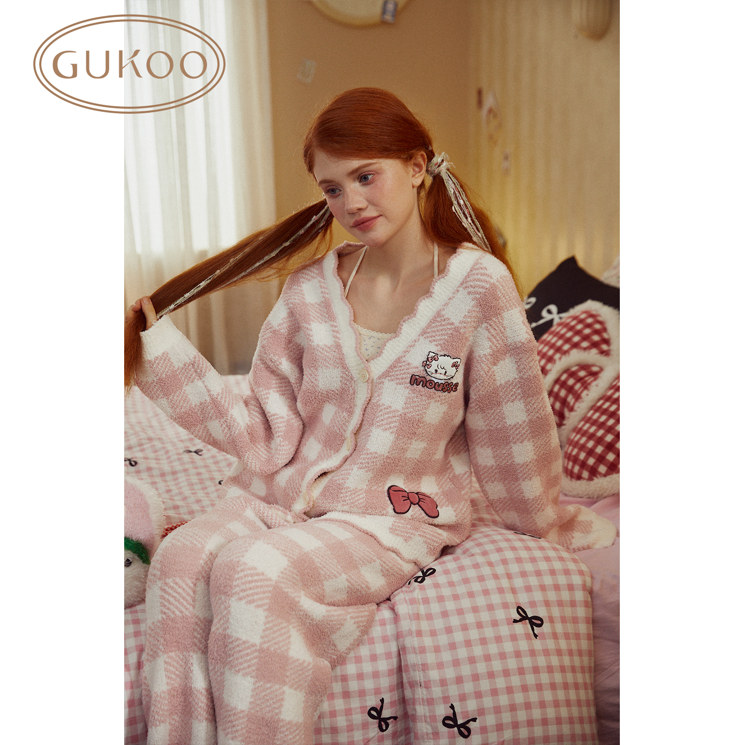 Gukoo/果壳睡衣女软绵绵雪尼尔mikko联名舒适保暖女家居套装S824426204F01